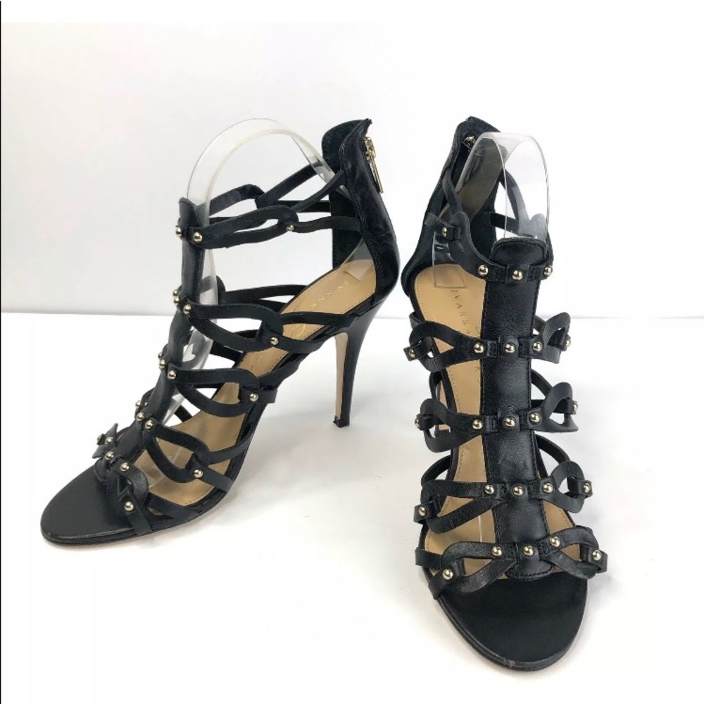 Ivanka Trump Mallorie Women's Size 8 Black Leather Zip Open Toe Gladiator Heels
